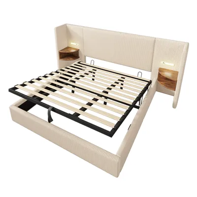 Produktbild von Flieks Hydraulisches Polsterbett 180x200cm mit Nachttisch und Ladefunktion, Doppelbett Stauraumbett Boxspringbett mit Leselampe, Cordstoff, Beige