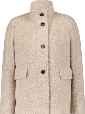 A front view of a beige textured jacket with buttons and pockets.