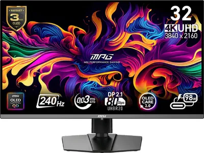 A computer monitor displaying a colorful abstract image and product specifications.