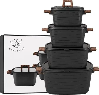 Productafbeelding van Kookset, 8-delig, gietaluminium, 4 pannen met glazen deksels, geschikt voor inductie, antiaanbaklaag – 20/24/28/32 cm – Royal Swiss®