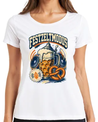 Produktbild von Festzeltmodus Wiesn Maßkrug Brezel Lederhose Dirndl Damen T-Shirt, Weiß, L