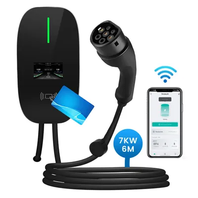 Obrázek produktu pro Nabíjecí stanice typu 2 EV pro elektromobily, 1 fáze, 7 kW, nastavitelný proud přes aplikaci, časově řízené nabíjení, se 4 RFID kartami (6 m, 6–32 A)