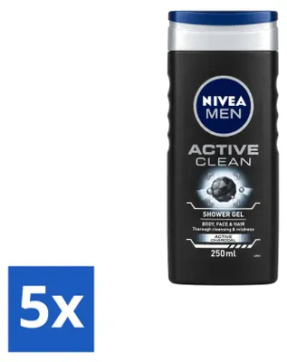 Immagine prodotto di 5 flaconi di gel doccia Nivea Men Active Clean - 250 ml - confezione - 5 pezzi