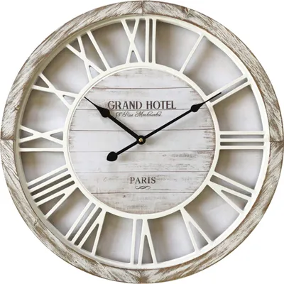 Image de Rebecca Mobili Horloge murale avec chiffres romains en bois et métal, blanc et beige