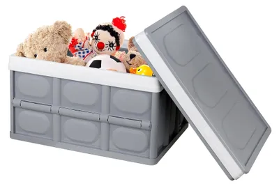 Produktbild von 2er Set Faltbare Aufbewahrungsboxen mit Deckel aus Kunststoff - 30L Lagerbehälter in Grau für Kleidung, Bücher und Snacks