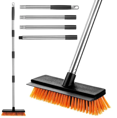 Imagen del producto de Escoba exterior ajustable de 126 cm - Escoba para terrazas - Cerdas duras - Mango de acero inoxidable - 2 en 1 con raspador - Resistente a la intemperie