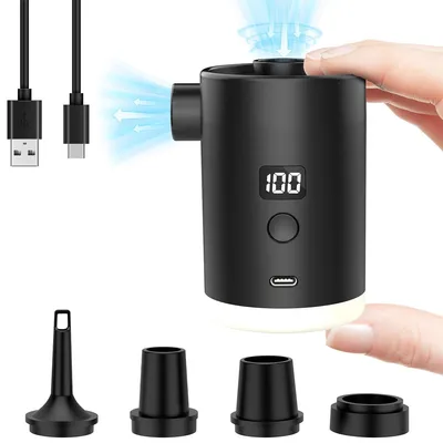Produktbild von Tragbare Luftpumpe, Mini-Luftmatratzenpumpe mit Campinglicht und LED-Anzeige, USB-aufladbare Pool-Luftpumpe, Isomatte, Schwimmring