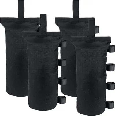 Four black sandbags are arranged in a group against a white background.
