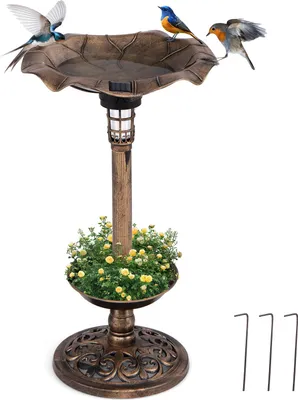 Produktbild von GOPLUS Vogeltränke stehend, Vogelbad Winterfest mit Solar Licht & Blumentopf, Vogelbrunnen Retro, Garten Tränke Bad für Wildvögel, Antikbronze