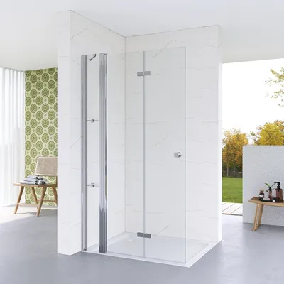 Produktbild von Glas walk in Duschwand mit Festteil,180° Falttür,Duschabtrennung faltbar,Begehbare Dusche,140x187 cm,5 mm Nano ESG Glas