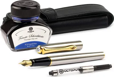Immagine prodotto di Set di ricariche Diplomat Traveller in acciaio inossidabile placcato oro con astuccio in pelle, inchiostro da scrittura e convertitore, spessore M