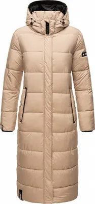 A full-length studio shot of a beige puffer coat.