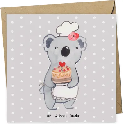 Produktbild von Mr. & Mrs. Panda doppelkarte Konditorin Herz - Grau Pastell - Geschenk, Kuchen, Torte, Klappkarte, Glückwunschkarte, anlasskarte, Zum Geburtstag, faltkarte, Grußkarte