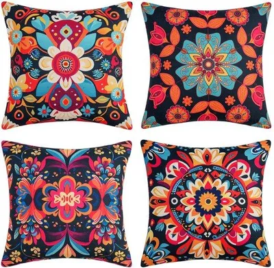 Produktbild von Unyqoos® Boho-Kissenhüllen 4er-Set – Polyester‑Leinen Kissenbezüge mit Mandala‑ & Blumenmuster, unsichtbarer Reißverschluss