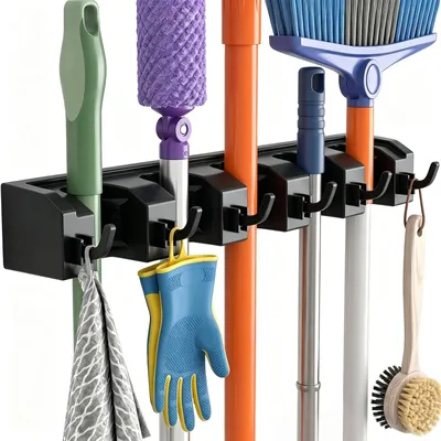 Immagine prodotto di Portascopa da parete - Supporto per scope e mop - 5 clip e 6 ganci - Nero - Per cucina, bagno e garage