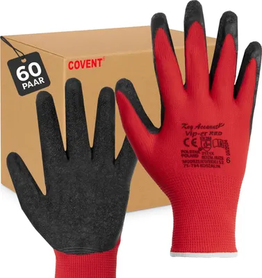 Obrázok produktu pre Sada 60 ks pracovných rukavíc Covent VIP-ER RED pre mužov, veľkosť 6 – montážne rukavice EN388 2121X – ochranné rukavice pre sťahovanie, logistiku