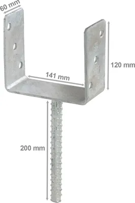 A metal post anchor with dimensions indicated by measurement lines and text.