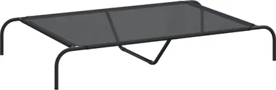 A dark gray elevated dog bed with a black metal frame, shown from a side angle against a white background.
