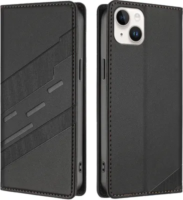 Produktbild von Hülle für iPhone 14 Plus, Kunstleder Brieftaschen Handyhülle mit Kartenfach und Standfunktion Schwarz