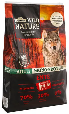 Produktbild von Dehner Wild Nature Hundefutter Mono Protein, Trockenfutter getreidefrei / zuckerfrei, für ausgewachsene Hunde, Ente / Fisch, 4 kg