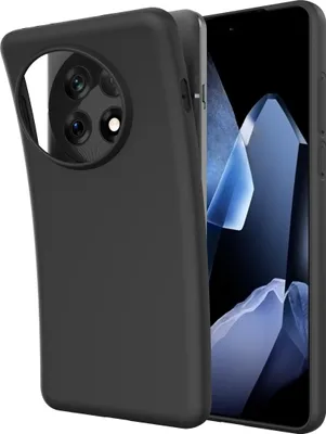 A black phone case is shown from a diagonal angle, partially covering a smartphone.