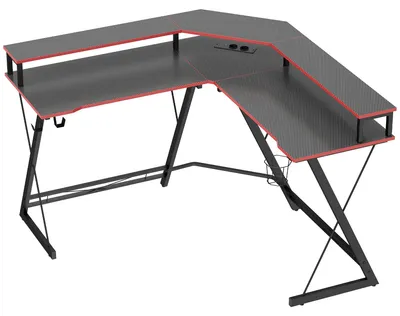 Produktbild von L-förmiger Computertisch mit Steckdosen, 128 cm Eckschreibtisch mit Monitorständer, Kopfhörerhaken & Getränkehalter
