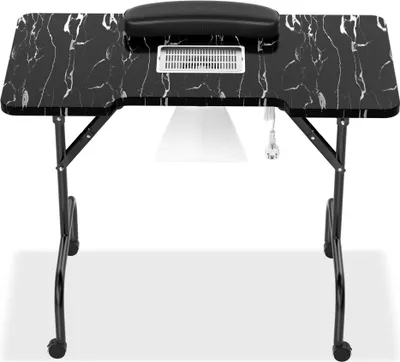 Image de TRMLBE Table de manucure avec aspiration Table de manucure pliable avec accoudoirs Tiroirs & sac de transport Salon de manucure Table de manucure portable Aspirateur à ongles - 94x48x72, Noir