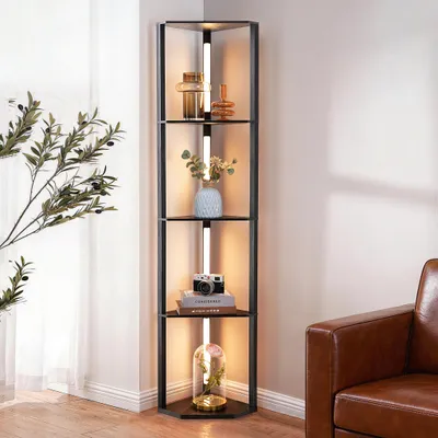 Zdjęcie produktu dla Lampa podłogowa EDISHINE z regulacją jasności do salonu, czarna, z 4 drewnianymi półkami i 4 prętami LED, obracana o 360°