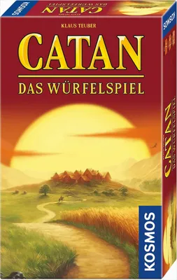 The image shows the front and side of a board game box for 'Die Siedler von Catan - Das Würfelspiel'. The front features a sunset over a landscape with a village on a hill. The side shows the game's title and logo.