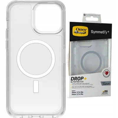 A clear phone case with a magnetic ring and its packaging are shown side-by-side against a white background.