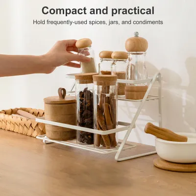 Image de Étagère à épices, étagère à épices, 2 niveaux, organisateur de comptoir, pour armoire, cuisine multifonctionnelle, rangement, salle de bain, douche, garde-manger