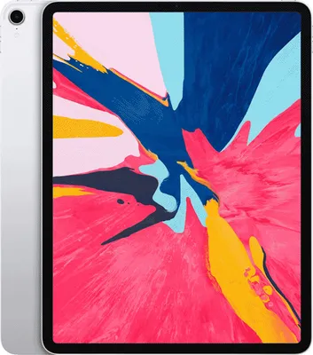 A silver Apple iPad Pro 12.9 (3rd Gen) with a colorful abstract wallpaper displayed on its screen, shown from a slightly angled front view.