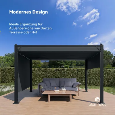 Produktbild von Blumfeldt Pantheon Cortina Pavillon 3x4 m – Aluminiumrahmen, Verstellbares Dach & Seitenrollos, Wetterfest & Stabil, Dunkelgrau/Schwarz