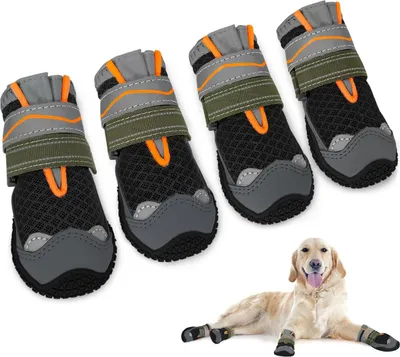 Produktbild von Hundeschuhe Pfotenschutz, 4 Stück atmungsaktive Hunde Schuhe Outdoor mit Rutschfester Sohle, verstellbarem reflektierendem Klettverschluss Hundestiefel für kleine, mittlere und große Hunde