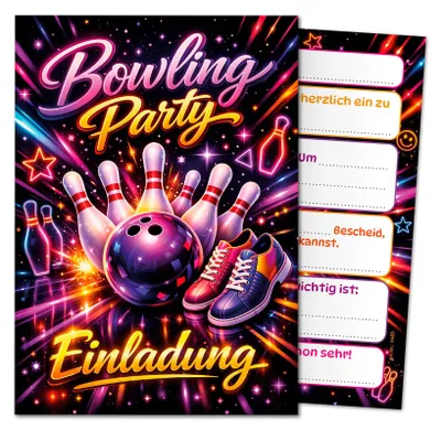 8 Bowling-Einladungskarten für Kindergeburtstag, Mädchen & Jungen