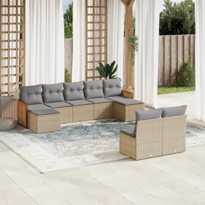 Produktbild von Design 9-tlg. Garten-Sofagarnitur mit Kissen Beige Poly Rattan, Gartenmöbel-Sets 2024 Neu