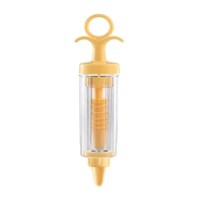 A yellow and clear plastic pastry syringe with a plunger and nozzle, shown against a white background.