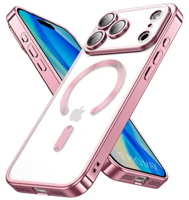 Image de Coque pour iPhone 17 Pro Max, Protection Silicone avec Cercle Magnétique - Rose Effet Chrome