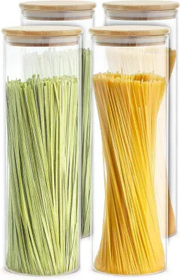 Produktbild von Unyqoos® Spaghetti-Vorratsgläser 2er-Set – luftdichte Borosilikatgläser mit Bambusdeckel & Silikondichtung, 1,9 L, Ø 10 cm, Höhe 31 cm, spülmaschinenfest