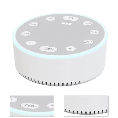 A white and gray sound machine with various buttons on top, set against a white background. Two smaller inset images show close-ups of the device's controls and base.