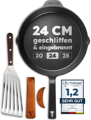 Produktbild von TECOR Gusseisenpfanne induktion 24 cm geschliffen, universell, natürlich - Langlebige Pfanne Gusseisen 24 cm - Antihaft Gusspfanne induktion 24 cm
