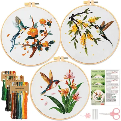 Immagine prodotto di Set da ricamo per principianti, composto da 3 pezzi, con motivi di uccelli, fiori e piante
