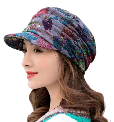 Produktbild von Kurzkrempige, warme, faltbare Damenmütze mit Ohrenklappen im Ethno-Stil mit Blumenmuster, Herbst-Winter-Mütze, Alltagskleidung