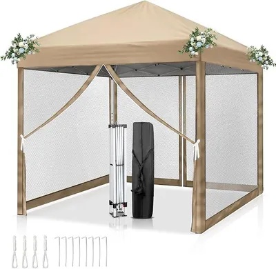 Produktbild von Pavillon,Faltpavillon,Wasserdicht,UV Schutz 50+,Höhenverstellbar mit Moskitonetzen, Stabil, Ideal für Garten, Terrasse, Camping und gewerbliche Nutzung (Khaki, 3x3-4 Seitenteilen)