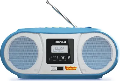 A blue and white TechniSat DIGITRADIO 1990 Benjamin Blümchen Edition stereo boombox is shown against a white background.