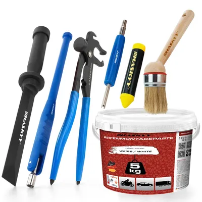 Produktbild von HASKYY Montagepaste 5kg Weiss Fettkreide Set Pinsel Ventil Schaber Auswuchtzange