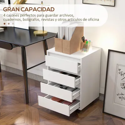 Image de Caisson à roulettes pour bureau - Armoire à dossiers mobile - 4 tiroirs - Avec roulettes - Pour bureau/bureau à domicile - 46 x 40 x 65 cm - Blanc