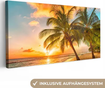 Produktbild von MuchoWow® - Leinwandbilder - Sonnenuntergang - Palme - Wolken - Meer - Strand, Wandbild, Wanddeko Bilder Wohnzimmer, 40x20cm