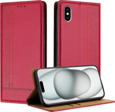 Produktbild von Handyhülle für iPhone XS /iPhone X Leder Flip Klappbare Schutzhülle mit Standfunktion Rot