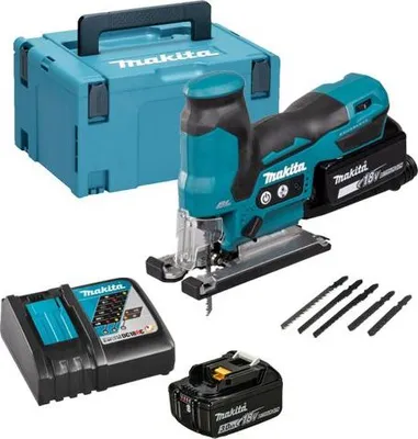 Produktbild von Makita 18V Akku-Stichsäge DJV185RFJ mit 2 x 3.0Ah Akkus, bürstenlosem Motor und Makpac-Koffer für präzise Schnitte in Holz und Metall.